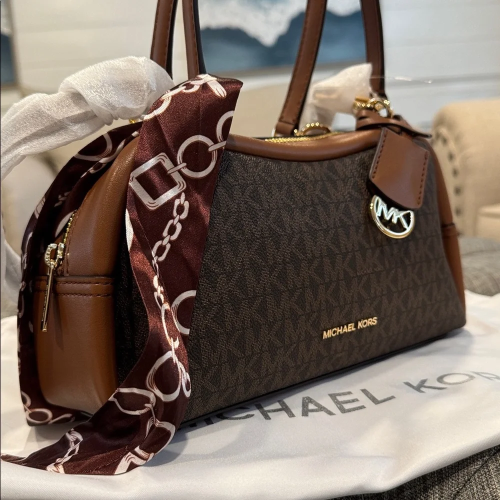 Michael Kors Jet Set Signature Brown Leather Satchel Crossbody